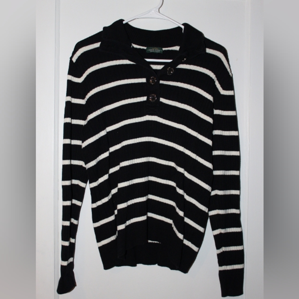 Vintage Ralph Lauren Black and White Long Sleeve Collared Sweater Silver Buttons